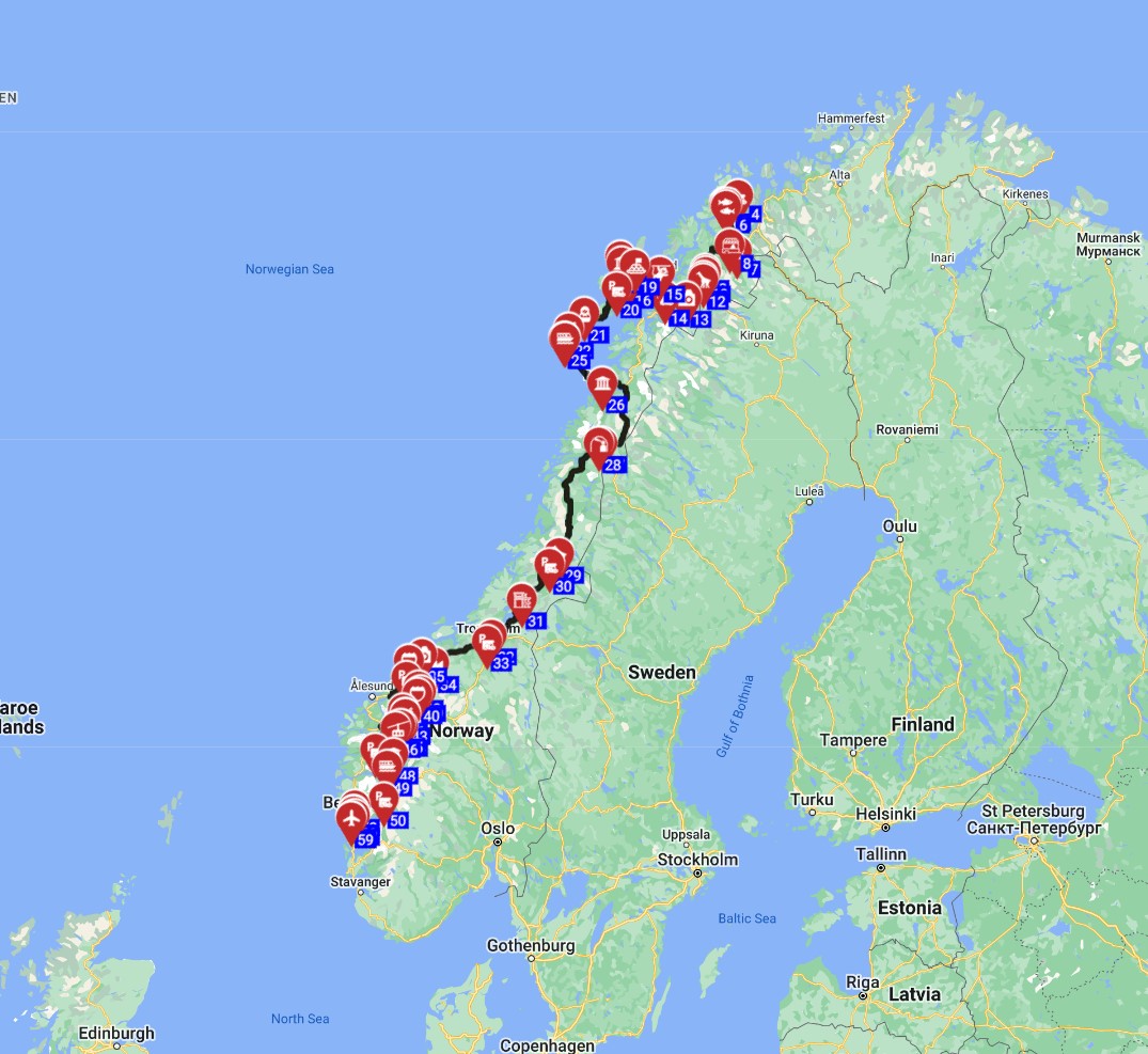 Map for Troms to Bergen - Norwegian Coastal Expedition